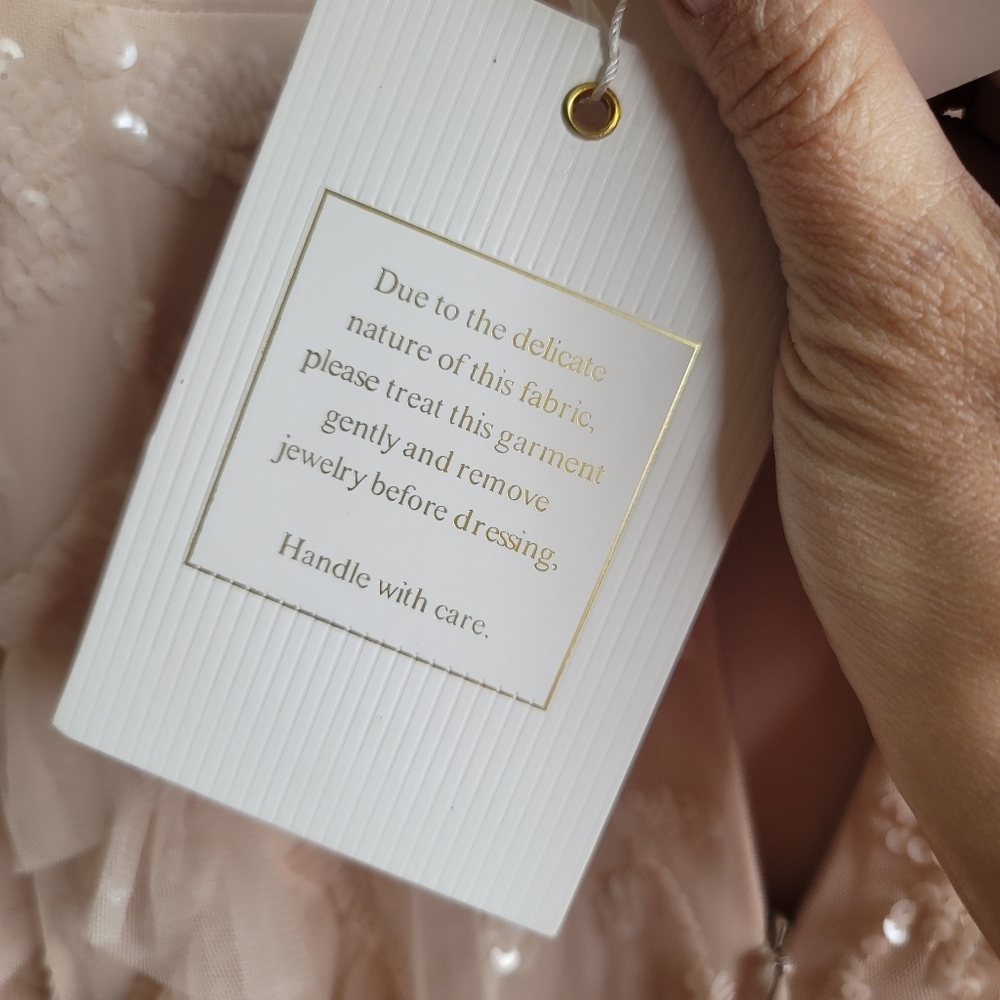 Sequined Scallop Ruffle Tiered V Neck Gown, Blush, Size‎ 16 - Picture 13 of 16